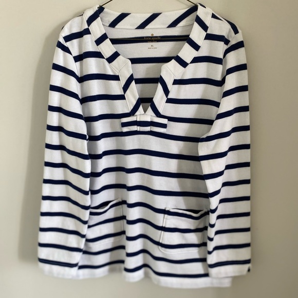 Kate Spade Women Cotton Top Shirt Long Sleeves V-neck White w/Navy Stripes - Picture 1 of 7